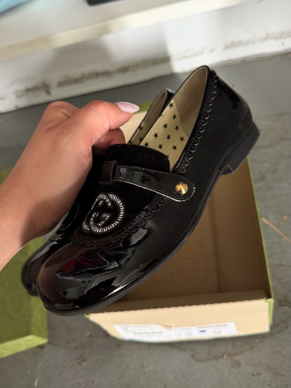 Gucci Black Patent Mary Jane Loafers with Gold-Tone Stud